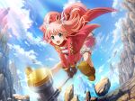  1girl blue_eyes blue_sky boots brown_boots brown_gloves cape day game_cg gloves hammer holding holding_hammer jacket long_hair long_sleeves looking_at_viewer midair motion_blur nonomiya_lalafin official_art pink_hair pink_jacket red_cape shoujo_kageki_revue_starlight shoujo_kageki_revue_starlight_-re_live- sidelocks sky sledgehammer solo thigh_strap two_side_up 