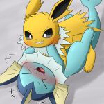  1:1 ambiguous/ambiguous ambiguous_gender ambiguous_on_bottom ambiguous_on_top blue_body blush clenched_teeth duo eeveelution eyes_closed feral fur hi_res jolteon laugh nintendo on_bottom on_top open_mouth playing pok&eacute;mon pok&eacute;mon_(species) rape_face teeth tokumei_tm vaporeon video_games white_body white_fur yellow_body yellow_fur 