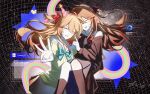  2girls :d ahoge aqua_bow aqua_bowtie black_background black_cardigan black_skirt black_socks blue_sailor_collar bow bowtie brown_hair cardigan carrying closed_eyes evil_neuro-sama finger_counting foreshortening grid_background hair_between_eyes hair_ribbon hashtag-only_commentary heads_together heart highres internet_explorer kneehighs light_blush long_hair long_sleeves mini_party_hat miniskirt moonss70213253 multiple_girls neuro-sama off-shoulder_cardigan outstretched_arm pleated_skirt pointing princess_carry red_bow red_bowtie ribbon rubber_duck sailor_collar siblings signature sisters skirt smile socks swirl twins two_side_up vedal_ai virtual_youtuber window_(computing) yellow_cardigan 