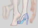  1girl barefoot blue_shoes blurry cantarella_(wuthering_waves) commentary_request feet feet_only foot_focus grey_background heel_up high_heels highres legs no_shoes paid_reward_available sa-baaa shoes simple_background single_shoe soles solo thighhighs white_thighhighs wuthering_waves 