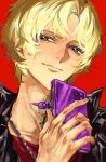  1boy absurdres alternate_costume black_jacket blonde_hair blue_eyes cellphone cellphone_charm char_aznable charm_(object) chromatic_aberration closed_mouth colored_eyelashes commentary gundam highres holding holding_phone jacket jewelry looking_at_viewer male_focus mobile_suit_gundam necklace phone raccoooon_1 red_background red_shirt shirt short_hair simple_background smartphone smile solo upper_body 