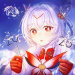  1girl 2026 animated animated_gif blinking butterfly_hair_ornament chaos_(pgr) chinese_commentary coat commentary_request crossed_bangs eyelashes fireworks fur-trimmed_coat fur_trim gloves hair_between_eyes hair_intakes hair_ornament highres holding holding_fireworks long_hair mandarin_collar one_side_up open_mouth portrait punishing:_gray_raven red_eyes red_gloves shangse_hui_de_ling_ziye sidelocks smile solo sparkler white_coat white_hair 