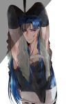  1boy armpits arms_behind_back arms_up blood blood_on_face blue_hair bound capelet cu_chulainn_(caster)_(fate) cu_chulainn_(fate)_(all) earrings fate/grand_order fate_(series) fur_trim injury jewelry long_hair male_focus namahamu_(hmhm_81) red_eyes rope solo tied_up 