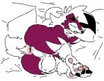  anthro anus balls big_balls big_butt butt canid canine claws fur genitals lycanroc male mammal midnight_lycanroc nintendo nude pawpads paws peachymewtwo pok&eacute;mon pok&eacute;mon_(species) presenting red_body simple_background sleeping solo thick_thighs video_games white_body white_fur 
