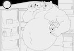 absurd_res anthro appliance bear belly ben_bigger big_belly black_and_white bone_in_mouth bottle box chicken_meat container eating eating_food eye_scar facial_scar food fridge hi_res hidi kitchen kitchen_appliance looking_at_viewer male mammal meat mihoyo monochrome moobs musclegut muscular muscular_anthro muscular_male navel open_fridge overweight overweight_anthro overweight_male pecs scar solo standing surprised zenless_zone_zero