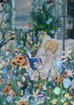  1boy bandages bed blonde_hair blue_flower blue_theme facial_hair feleven flower highres hospital_bed indoors intravenous_drip lying male_focus on_back one_piece plant reading sanji smile solo window 