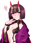  bob_cut claws eyeliner fang fate/grand_order fate_(series) finger_to_mouth headpiece horns japanese_clothes kimono makeup namahamu_(hmhm_81) oni_horns open_clothes open_kimono purple_eyes purple_hair purple_kimono revealing_clothes short_hair shuten_douji_(fate) skin-covered_horns skin_fang 