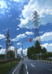  anyotete blue_sky bush cloud crosswalk day fence highres lamppost no_humans original outdoors power_lines railing railroad_crossing road road_sign scenery sidewalk sign sky stop_sign train_station transformer transmission_tower tree utility_pole 