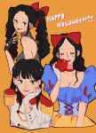  1girl black_hair blunt_bangs blush coat commentary cosplay earrings epaulettes fingerless_gloves gloves hair_ribbon happy_halloween highres jewelry long_hair looking_at_viewer multiple_views nico_robin one_piece orange_background puffy_short_sleeves puffy_sleeves ria_(917_ria) ribbon short_sleeves sidelocks simple_background smile snow_white_(disney) snow_white_(disney)_(cosplay) snow_white_and_the_seven_dwarfs_(disney) symbol-only_commentary twintails white_coat white_gloves 