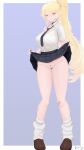  1girl absurdres aximily black_choker black_necktie blonde_hair breasts brown_shoes choker clothes_lift female_pubic_hair hair_between_eyes highres large_breasts lifting_own_clothes loafers long_hair loose_socks necktie panties panty_pull ponytail pubic_hair purple_eyes pussy rwby shoes short_sleeves skirt skirt_lift smile socks solo uncensored underwear very_long_hair white_panties white_socks yang_xiao_long 