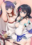  2girls armpits arms_behind_head arms_up ass back bangs bare_shoulders black_hair blue_eyes blue_ribbon blunt_bangs blush breasts capelet cleavage closed_mouth collarbone dress fate/grand_order fate/requiem fate_(series) fundoshi gauntlets grin hair_ribbon highres japanese_clothes jewelry large_breasts long_hair long_sleeves looking_at_viewer looking_back magatama magatama_hair_ornament magatama_necklace martha_(fate) medium_hair multicolored_hair multiple_girls necklace pelvic_curtain pink_hair polearm pononozo puffy_long_sleeves puffy_sleeves purple_hair ribbon short_dress sideboob sideless_outfit smile spear staff streaked_hair thighs utsumi_erise weapon white_capelet white_dress 