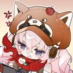  1girl anger_vein animal_hat apple bare_shoulders black_gloves braid cherry chibi chinese_commentary commentary_request detached_sleeves earmuffs eyewear_on_headwear fang food fruit gloves hair_between_eyes handheld_game_console hat highres holding holding_handheld_game_console long_hair nintendo_switch official_alternate_costume open_mouth partial_commentary pink_hair portrait punishing:_gray_raven purple_eyes red_panda red_scarf scarf skin_fang solo teddy:_spectre_(pgr) teddy_(pgr) twin_braids yun_sheng 