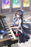  1girl absurdres bare_shoulders black_dress black_hair blue_eyes blue_flower blue_hair braid breasts chinese_commentary colored_inner_hair commentary_request dress eyes_visible_through_hair feather_hair_ornament feathers flower frilled_shirt_collar frills gloves grand_piano hair_ornament hair_spread_out half_up_braid harp highres indoors instrument iris_(flower) large_breasts long_hair looking_at_viewer multicolored_dress multicolored_hair music musical_note musical_note_print piano piano_bench playing_instrument playing_piano punishing:_gray_raven selena:_pianissimo_(pgr) selena_(pgr) sideboob sitting smile solo stained_glass vase very_long_hair white_dress white_gloves xiao'erguai_rua 