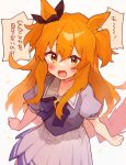  1girl animal_ears blush bow bowtie commentary_request ear_bow horse_ears horse_girl horse_tail long_hair looking_at_viewer mayano_top_gun_(umamusume) orange_eyes orange_hair rimukoro school_uniform solo tail tracen_school_uniform translation_request two_side_up umamusume 