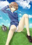  1girl 506th_joint_fighter_wing absurdres arm_support belt blue_belt blue_neckwear blue_sky breasts brown_eyes brown_hair canteen cloud garrison_cap grass hand_in_hair hat highres hill jennifer_j_deblanc knee_up medium_breasts memory_(prophet5) military military_uniform necktie noble_witches one_eye_closed panties pantyshot short_hair sky solo they&#039;re_not_panties thighs underwear uniform white_panties 