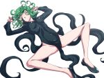  1girl ass black_dress black_footwear breasts covered_navel covered_nipples curly_hair dress green_eyes green_hair hanya_(hanya_yashiki) highres looking_at_viewer lying on_back one-punch_man short_hair simple_background solo spread_legs tatsumaki white_background 