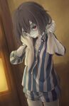  1girl arigato_(rmskrtkdlqj) black_hair cowboy_shot highres mizuno_ai pajamas red_eyes shirt short_hair shorts solo striped striped_shirt towel towel_around_neck vertical-striped_shirt vertical-striped_shorts vertical_stripes wet wet_hair wiping_face zombie zombie_land_saga 