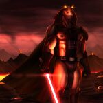  1:1 2021 alien armor belt big_nipples black_cape black_clouds boots broad_shoulders bulge cape clothing dark_nipples dream_and_nightmare evil_grin fire footwear gloves glowing glowing_eyes grin gungan handwear hi_res high_contrast humanoid lava lightsaber looking_at_viewer male melee_weapon muscular muscular_arms muscular_male muscular_thighs nipples red_lightsaber red_sky shoulder_guards sith_lord sky smile smoke solo solo_focus star_wars teeth thick_thighs utility_belt volcano weapon 