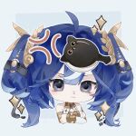  1girl ahoge ancient_greek_clothes anger_vein animated animated_gif armlet bare_shoulders blue_eyes blue_hair blue_streaks chibi chinese_commentary closed_mouth commentary_request cropped_torso crossed_arms gold_bra greco-roman_clothes hair_belt hair_ornament highres iuno_(wuthering_waves) jewelry laurel_crown long_hair multicolored_hair petting pout punishing:_gray_raven solo sparkle streaked_hair twintails white_background wuthering_waves yun_sheng 