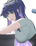  1girl :d absurdres animal_ears arknights black_skirt blue_hair blush breasts cat_ears cat_girl cat_tail flying_sweatdrops from_side green_eyes highres jessica_(arknights) jessica_the_liberated_(arknights) large_breasts long_hair looking_at_viewer looking_to_the_side multicolored_hair pleated_skirt ponytail purple_hair reflection shirt simple_background skirt small_sweatdrop smile solo spam_(spamham4506) sweat tail two-tone_hair upper_body very_long_hair white_background white_shirt 