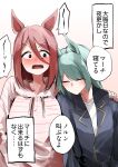  2girls absurdres alternate_hairstyle animal_ears arm_around_shoulder black_eyes blue_shirt blush brown_hair closed_eyes closed_mouth commentary drawstring frown fujimasa_march_(umamusume) green_hair hair_between_eyes hair_down highres horse_ears horse_girl kakuteru_sudachi leaning_on_person long_sleeves looking_at_another multiple_girls norn_ace_(umamusume) open_mouth pajamas shirt sleeping sleepwear spoken_squiggle squiggle striped_clothes striped_shirt translated umamusume umamusume:_cinderella_gray white_shirt 