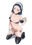  1girl bikini black_bikini black_hair black_shoes black_thighhighs breasts commentary_request comoli_harcourt covered_nipples detached_sleeves frilled_bikini frilled_wrist_cuffs frills gundam gundam_gquuuuuux highres kneeling looking_at_viewer maid maid_bikini maid_headdress micro_bikini mikan_29344886 navel puffy_detached_sleeves puffy_sleeves ribs shoes short_hair side-tie_bikini_bottom simple_background skinny small_breasts smile solo swimsuit thighhighs unconventional_maid white_background wrist_cuffs 