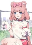  1girl animal_ears animal_hands bikini bikini_under_clothes blue_eyes bow chromu commentary commission english_commentary flat_chest gym_uniform hair_bow hair_ornament hair_scrunchie highres indie_virtual_youtuber long_hair low_twintails open_mouth pink_bow pink_hair pink_shorts scrunchie see-through_clothes see-through_shirt shirt shorts solo striped_bikini striped_clothes sweat swimsuit twintails valefal_coneri vgen_commission virtual_youtuber white_scrunchie white_shirt 