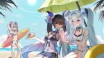  3girls bad_anatomy bad_hands bikini bikini_skirt bird black_bikini black_bra black_hair black_shorts blue_eyes blue_scrunchie blue_streaks blush bra chinese_commentary commentary_request crescent crossed_bangs detached_collar double-parted_bangs dress frilled_dress frilled_shirt frills gradient_hair hair_between_eyes hair_intakes hair_ornament hands_up highres holding holding_seashell holding_surfboard innertube jetavie:_daybreak_(sunny_splash)_(pgr) jetavie_(pgr) jewelry layered_bikini long_hair lucia:_pyroath_(rippling_luminescence)_(pgr) lucia_(pgr) luna:_oblivion_(crystalline_glance)_(pgr) luna_(pgr) multicolored_hair multiple_girls necklace open_mouth outdoors pink_streaks punishing:_gray_raven red_eyes sand scrunchie see-through_clothes see-through_dress shirt shorts side-tie_bikini_bottom sidelocks sitting skirt sky smile streaked_hair summer sun surfboard swim_ring swimsuit umbrella under_umbrella underwear very_long_hair visor_cap water white_hair white_shirt white_skirt wrist_scrunchie xiao'erguai_rua 