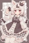  1girl absurdres animal_ears black_bow black_bowtie black_crown black_dress black_hair blush_stickers border bow bowtie bright_pupils brown_border checkered_background checkered_bow checkered_bowtie checkered_clothes chess_piece closed_mouth collared_shirt colon_br commentary_request cowboy_shot crown dress frilled_dress frilled_shirt_collar frilled_sleeves frills grey_background highres holding holding_chess_piece horse_ears horse_girl horse_tail king_(chess) knight_(chess) long_sleeves looking_at_viewer multicolored_hair original outline outside_border pantyhose pawn_(chess) pinafore_dress red_eyes shirt short_hair sleeveless sleeveless_dress solo standing streaked_hair tail textless_version twitter_username two-tone_hair white_hair white_outline white_pantyhose white_pupils white_shirt 
