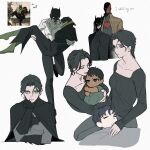 bat_signal batman batman_(series) batman_symbol black_cape black_hair bodysuit breasts bruce_wayne cape cowl damian_wayne dc_comics dick_grayson english_text genderswap genderswap_(mtf) grey_bodysuit hashtag-only_commentary highres jason_todd large_breasts long_hair minjmingg multicolored_bodysuit multiple_girls muscular muscular_female open_mouth red_hood_(dc) robin_(dc) short_hair simple_background superhero_costume taut_bodysuit two-tone_bodysuit 