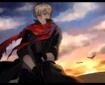  1boy archer_(fate) bird black_jacket fate/extra fate_(series) fingerless_gloves gloves grey_eyes gun jacket long_coat male_focus namahamu_(hmhm_81) red_scarf scarf solo sunset weapon white_hair 