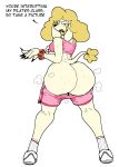  anthro big_butt black_eyes black_text blonde_hair bodily_fluids britni_pike butt canid canine canis dialogue domestic_dog ear_piercing ear_ring existimatio female hair hi_res long_hair looking_back mammal musk piercing poodle ring_piercing simple_background smelly_butt solo sweat sweaty_butt text white_background yoga_shorts 