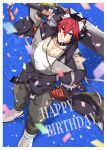  1boy absurdres animal_ear_fluff animal_ear_piercing animal_ears arm_up bandaged_arm bandages black_choker black_gloves black_hair border choker commentary_request confetti double-parted_bangs earrings fingerless_gloves gloves grey_pants hag_imglog hair_between_eyes happy_birthday highres holding holding_sword holding_weapon jacket jewelry komano_manato male_focus multicolored_hair necklace over_shoulder pants pectoral_cleavage pectorals piercing red_eyes red_hair scar scar_on_cheek scar_on_chest scar_on_face shirt short_hair solo spiked_jacket standing sword sword_over_shoulder tail two-tone_hair weapon weapon_over_shoulder white_border white_shirt wolf_boy wolf_ears wolf_tail zenless_zone_zero 