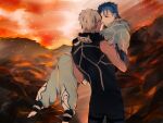  2boys archer_(fate) ash bare_shoulders blue_hair capelet carrying cloak cu_chulainn_(caster)_(fate) cu_chulainn_(fate)_(all) dark_skin dark_skinned_male fate/grand_order fate/stay_night fate_(series) fingerless_gloves from_behind gloves hood hooded_capelet long_hair male_focus multiple_boys namahamu_(hmhm_81) no_shoes princess_carry red_eyes ruins skirt white_hair yaoi 