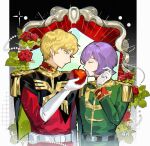  2boys absurdres artist_name belt black_belt black_cape blonde_hair blue_eyes cape char_aznable chinese_commentary chromatic_aberration closed_eyes closed_mouth commentary_request elbow_gloves epaulettes food from_side fruit garma_zabi gloves green_jacket gundam hand_up high_collar highres holding holding_food holding_fruit jacket kucha_(ynn6c) long_sleeves looking_at_another male_focus military_uniform mobile_suit_gundam multiple_boys open_mouth purple_hair red_jacket short_hair upper_body white_belt white_gloves 