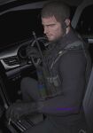  1boy beard black_pants black_theme brown_hair canister car_interior chris_redfield cigarette facial_hair hashtag-only_commentary holding holding_cigarette long_sleeves male_focus pants parted_lips resident_evil resident_evil_village sardine_(kjr0313) short_hair signature sitting smoke solo steering_wheel turtleneck walkie-talkie 