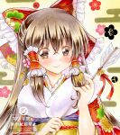  1girl alternate_costume arrow_(projectile) bell blush bow brown_eyes brown_hair closed_mouth commentary egasumi floral_print frilled_bow frilled_hair_tubes frills furisode hair_bow hair_tubes hakurei_reimu hamaya highres holding holding_arrow japanese_clothes kimono long_hair nekofish666 obi obiage print_bow print_kimono red_bow sash smile solo touhou traditional_media watermark 