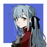  1girl bang_dream! bang_dream!_it's_mygo!!!!! blue_hair blush border closed_mouth commentary earrings highres jewelry long_hair longshengyan looking_at_viewer oblivionis_(bang_dream!) outside_border sidelocks solo togawa_sakiko upper_body white_border yellow_eyes 