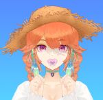  1girl aqua_choker bangs blue_background braid breasts brown_headwear cleavage collarbone commentary_request earrings eyebrows_visible_through_hair hands_up hat highres hololive hololive_english huke jewelry long_hair long_sleeves looking_at_viewer medium_breasts orange_hair pacifier purple_eyes shirt simple_background solo straw_hat takanashi_kiara twin_braids upper_body virtual_youtuber white_shirt 