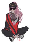  1girl baseball_cap broken_heart crop_top gold hat hololive hololive_english indian_style jacket jewelry looking_at_viewer mamaloni microphone mori_calliope necklace pants pendant pink_hair ponytail red_nails sitting skull_and_crossbones sukajan sunglasses virtual_youtuber 