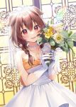  1girl :p alternate_costume animal_ears bangs bare_shoulders blush bouquet braid breasts bridal_veil bride brown_hair cleavage collarbone commentary_request dress eyebrows_visible_through_hair flower gloves hair_between_eyes hair_flower hair_ornament holding holding_bouquet hololive inugami_korone jewelry long_hair looking_at_viewer low_twintails medium_breasts momoshiki_tsubaki necklace pleated_dress red_eyes sleeveless sleeveless_dress smile solo strapless tongue tongue_out twin_braids twintails veil virtual_youtuber wedding wedding_dress white_dress white_gloves 