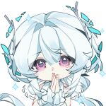  1girl bare_shoulders center-flap_bangs chibi commentary frilled_wrist_cuffs frills glass_shards hair_intakes hair_ornament highres liv:_limpidity_(pgr) liv_(pgr) long_hair own_hands_together pink_eyes portrait punishing:_gray_raven shirt sidelocks simple_background solo sparkle tearing_up white_background white_hair white_shirt wrist_cuffs yun_sheng 