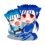  2boys animal_ears blue_hair blush bodysuit capelet chibi cu_chulainn_(caster)_(fate) cu_chulainn_(fate)_(all) cu_chulainn_(fate/stay_night) dual_persona fang fate/grand_order fate/stay_night fate_(series) fur-trimmed_hood fur_trim hood hooded_capelet kemonomimi_mode long_hair male_focus multiple_boys namahamu_(hmhm_81) paw_print ponytail red_eyes skin_fang tail waving wolf_ears wolf_tail 