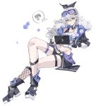  1girl absurdres black_boots black_gloves black_jacket black_shorts boots crossed_bangs crossed_legs drill_hair eyewear_on_head fingerless_gloves fishnet_kneehighs fishnet_socks fishnets gloves grey_eyes grey_hair hair_between_eyes highres honkai:_star_rail honkai_(series) invisible_chair jacket kneehighs long_hair multiple_girls navel ren_(renjiyu) shorts silver_wolf_(honkai:_star_rail) simple_background single_kneehigh single_sock sitting socks solo sweat white_background 