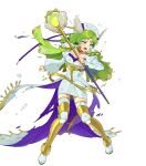  1girl boots cape damaged dress fire_emblem fire_emblem:_the_sacred_stones fire_emblem_heroes green_cape green_eyes green_hair high_heel_boots high_heels highres holding holding_staff l'arachel_(fire_emblem) l'arachel_(justice-armed)_(fire_emblem) non-web_source official_alternate_costume official_art open_mouth shoulder_pads solo staff thighhighs torn_cape torn_clothes tsukana_(saba_mizore) v-shaped_eyebrows valkyrie white_dress 