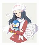  1girl :d bag beanie black_hair blush coat commentary_request dawn_(pokemon) duffel_bag eyelashes grey_eyes hair_ornament hairclip hat highres holding holding_pokemon long_hair long_sleeves musical_note ohn_pkmn open_mouth outline piplup pokemon pokemon_(creature) pokemon_dppt pokemon_platinum red_coat scarf sidelocks smile spoken_musical_note watermark white_bag white_hat white_scarf 