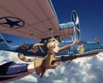  1girl 4boys absurdres aircraft airplane animal_ears black_hair black_neckwear black_ribbon blonde_hair blue_eyes blue_sky browning_m1919 c cat_ears cat_tail cloud consolidated_pby_catalina death_by_lolis fang freckles garrison_cap gun hat headset highres holster katharine_ohare landing_gear machine_gun multiple_boys necktie revolver ribbon short_hair skin_fang sky smile tail tire v waving weapon wheel world_witches_series 