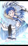  1boy barefoot blue_hair capelet cu_chulainn_(caster)_(fate) cu_chulainn_(fate)_(all) earrings elbow_gloves fang fate/grand_order fate_(series) fingerless_gloves fur-trimmed_hood fur_trim gloves hood hooded_capelet jewelry letterboxed long_hair magic_circle male_focus namahamu_(hmhm_81) neon_trim red_eyes solo wooden_staff 
