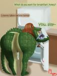 3:4 alligator alligatorid anthro appliance bent_over_with_legs_held_straight big_butt blue_eyes blush brown_eyes butt catfish crocodilian english_text female fin fish flightlesslizard fridge genitals hi_res huge_butt kitchen kitchen_appliance lips marine muscular natural_colors nude pupils reptile riley_(flightlesslizard) scalie sentient_fat sharp_teeth slit_pupils solo talking_to_another talking_to_partner teeth text vulva