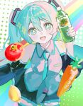  1girl aqua_eyes aqua_hair aqua_nails aqua_necktie aqua_trim bare_shoulders ben-day_dots black_skirt black_sleeves bottle bright_pupils carrot collared_shirt commentary_request detached_sleeves double-parted_bangs fingernails food fruit grey_shirt hair_between_eyes hatsune_miku holding holding_bottle juice lemon miniskirt nail_polish necktie open_mouth poppippoo_(vocaloid) potofu rainbow screentones shirt skirt sleeveless sleeveless_shirt tie_clip tomato vegetable vegetable_juice vocaloid 